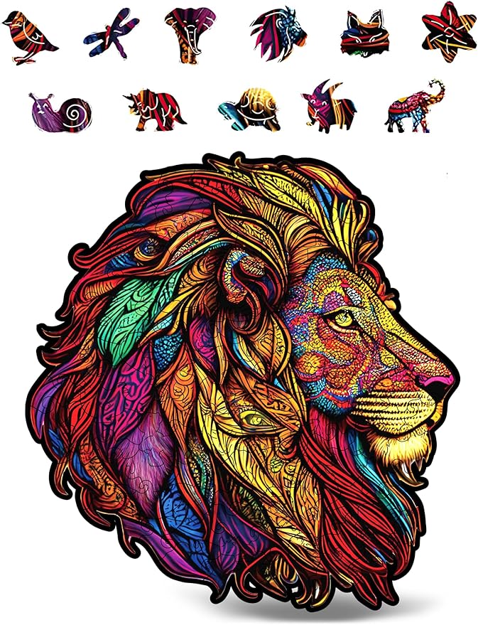 CRAFTHUB Animal Wooden Puzzles for Adults – A3 Lion with 121 Pieces – Jigsaw Puzzles with Unique Animal Shapes – 10.8" x 11.4"