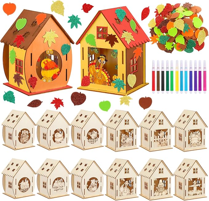 12 Sets Thanksgiving Wooden Houses Craft Harvest Graffiti Turkey House Pumpkin Maple Leave DIY Table Decor 12 DIY Unfinished Craft Kit 12 Watercolor Pens 100 Foam Stickers