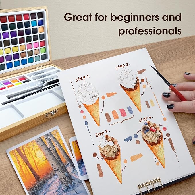 Watercolor Paint Set,100 Colors in Nature Bamboo Box,Portable Water Colors Kit with Papers and Brush Pens,Great for Kids Adults Beginners & Professionals