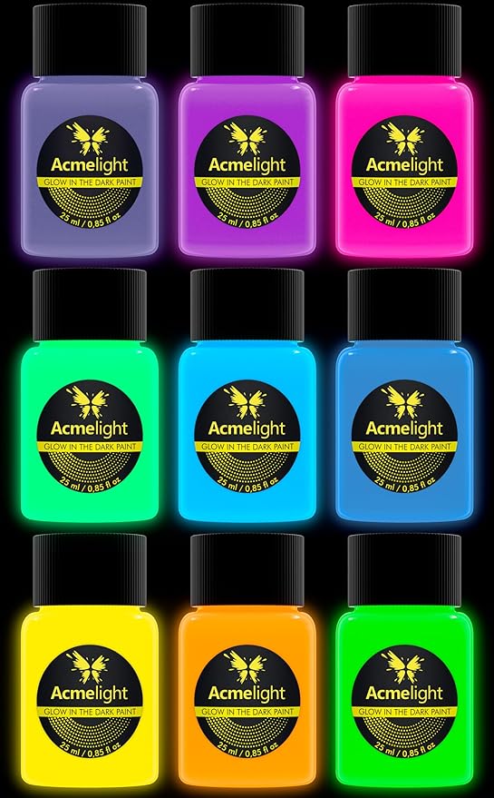 Glow in the Dark Acrylic Paint Set - 9 Neon Fluorescent Colors for Canvas, Wood & Stone - Blacklight Reactive - Cool Art Supplies Gift for Artists & Adults