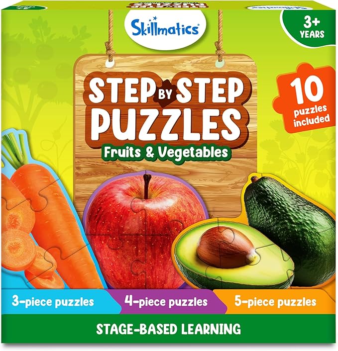 Skillmatics Step by Step Puzzles - 40 Piece Jigsaw & Toddler Puzzles, Montessori Educational Toy for Boys & Girls, Fruits and Vegetables, Travel Friendly, Gifts for Kids Ages 3, 4, 5 and Up