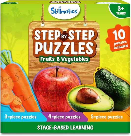 Skillmatics Step by Step Puzzles - 40 Piece Jigsaw & Toddler Puzzles, Montessori Educational Toy for Boys & Girls, Fruits and Vegetables, Travel Friendly, Gifts for Kids Ages 3, 4, 5 and Up
