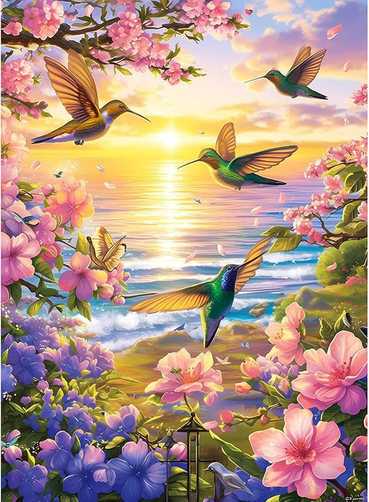 300 Pieces Puzzles for Adult Jigsaw Puzzle 300 Piece Children Elderly Puzzle Hummingbird Beach Flower Puzzle Gift for Mom Dad Family Friend Family Activity Games Home Decor Wall Art 20.5x15IN