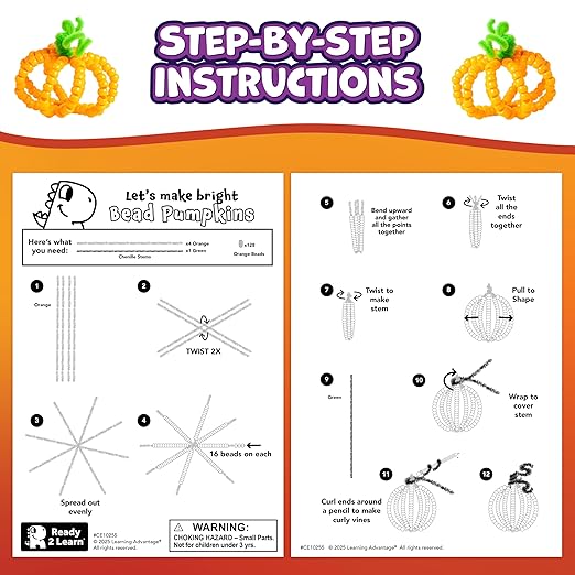 Ready 2 Learn Halloween Crafts | Create Your Own Bead Pumpkins | Set of 4 | DIY Halloween Crafts for Kids | Mess-Free | Kid-Friendly Instructions
