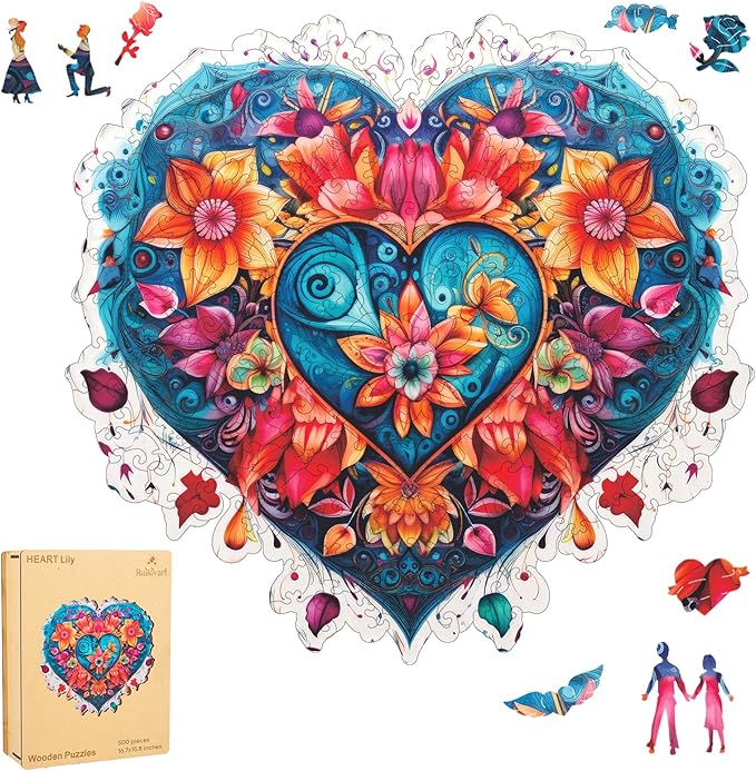 Ruikiyart Wooden Puzzles for Adults, 5MM 500 PiecesLily Heart Flower Wooden Jigsaw Puzzle, Unique Shapes Puzzles Great Gift for Adults and Kinds on Birthday, Christmas (16.7"x15.8")