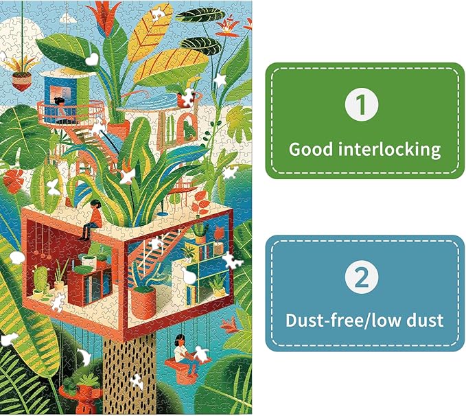 Shapes Jigsaw Green Tree House Puzzles for Adults 1000 Pieces, Unique Shaped Hard Puzzle with Color on Back, Plants Puzzle for Game Night Family Friend, 19.2 x 26.6 Modern Nordicism Art