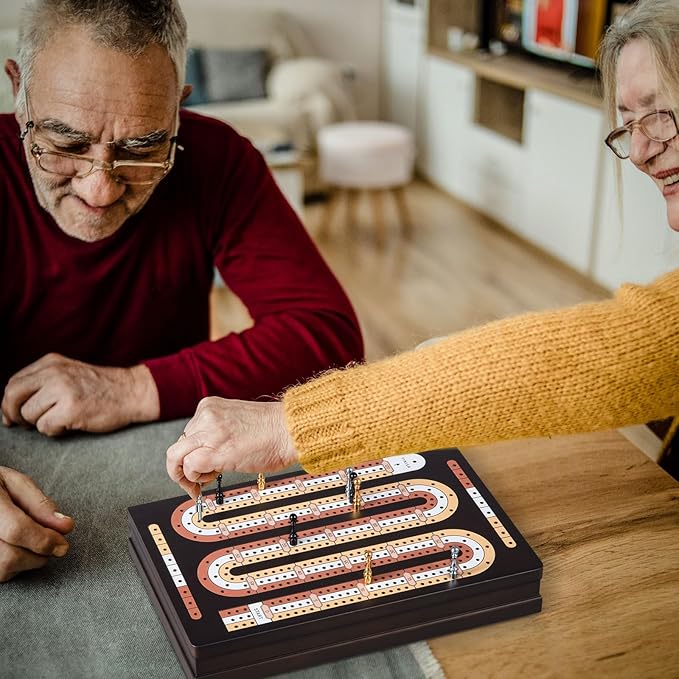 Wooden Magnetic Cribbage Board Game| Travel 3-Track Scoreboard Set| 2 Playing Cards| 9 Metal Pegs| Compact Size for Travelling Game Night (Instruction Included)