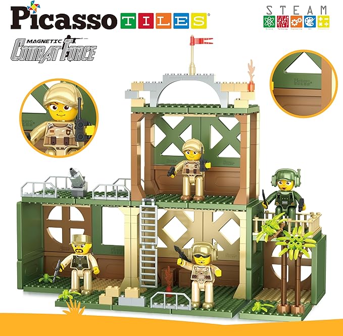 PicassoTiles Magnet Tile Building Brick Blocks Military Combat Force Theme Magnetic Tiles Construction Block Playset 4 Character Action Figures with Weapons Interlocking Bricks STEM Toy Ages 3+ PTL18