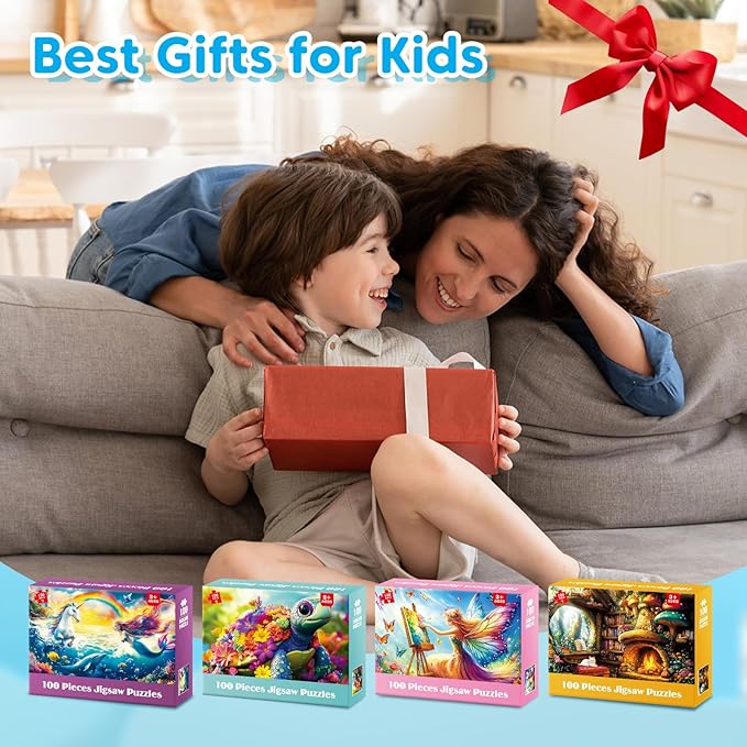 4 Packs 100 Piece Puzzles for Kids Ages 6-8 8-10, Mermaid Unicorn Puzzle for Girls 4-6 Years Old Educational 100 Piece Large Jigsaw Puzzles, Kids Puzzles 4-6 Toys Gifts for Girls Boys