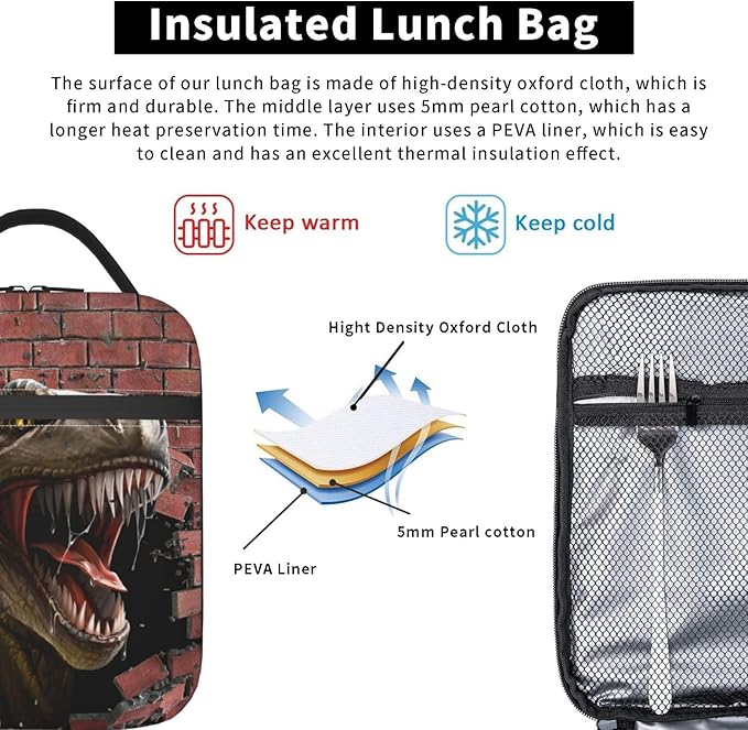Dinosaurs Breaking Walls Reusable Lunch Box Food Bag Insulated Lunch Bag for Teenage Boys Girls School Beach