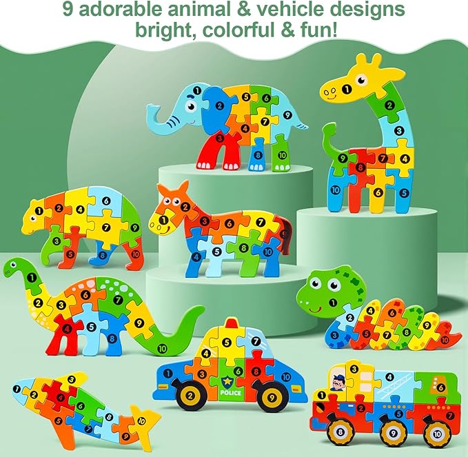 9 Pack, Wooden Puzzles for Kids, Toddler Number Puzzle, Animal Dinosaur Toddler Toys, Montessori Toys for Kids Ages 3+
