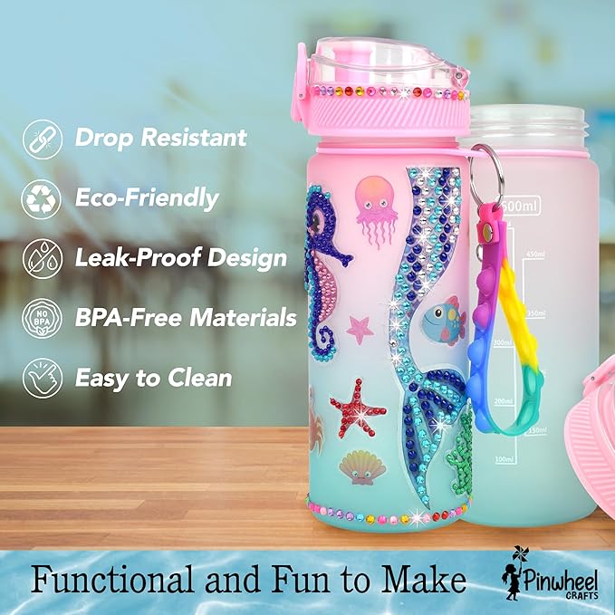 Pinwheel Crafts Flower Origami & Mermaid Water Bottle Decorating Kit Bundle – Creative Arts & Crafts Set for Kids Ages 6+ – Includes 100 Origami Sheets, Decorative Accessories, 600ml Water Bottle, Gem