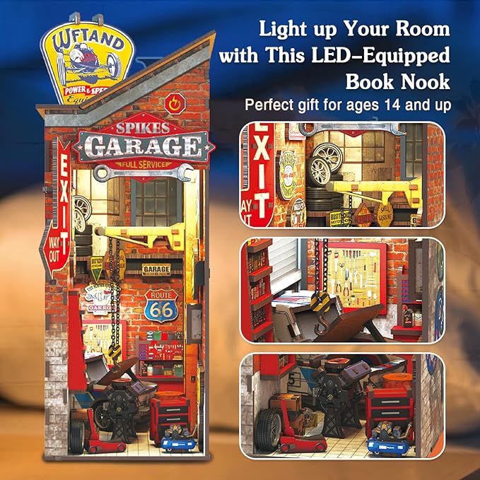 Garage Book Nook Kit - 3D Wooden Puzzle Miniature Book Nook Kits for Adults Teen, DIY Dollhouse Bookshelf Insert Decor with Sensor LED Light, Gift for Family, Friends