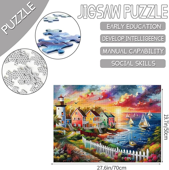 Colorful Seaside Town Jigsaw Puzzles for Adults 1000 Pieces, Lighthouse Boats Sunset Jigsaw Puzzle Art 27 x 20 Inches Beautiful Clouds DIY Puzzles for Home Decoration, Family Puzzle Game Nights