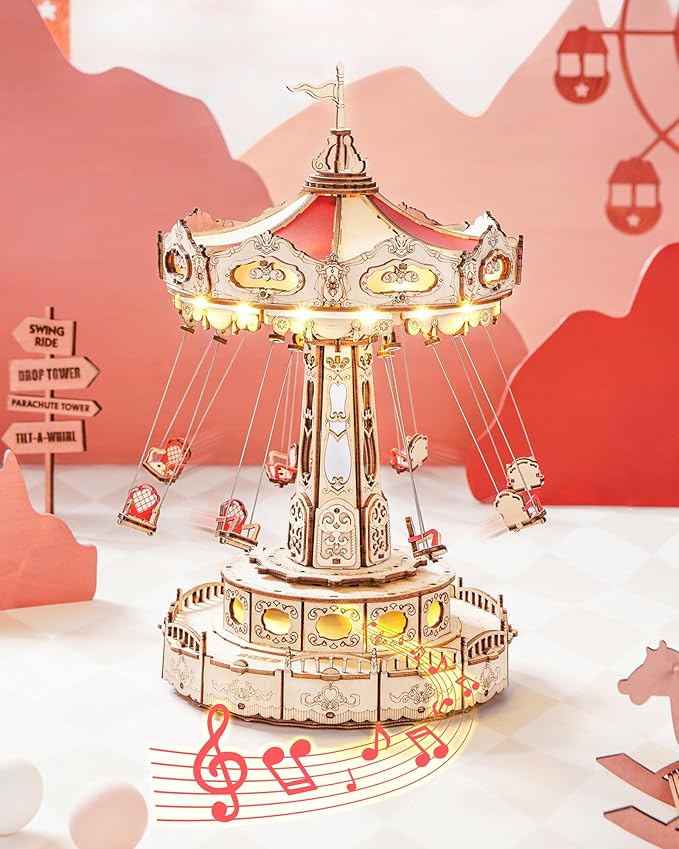 ROKR 3D Puzzles Wooden Music Box Kit with LED, Rotating Swing Ride Mechanical Model Kit DIY Wood Craft Hobbies Kit for Adults Birthday for Adults