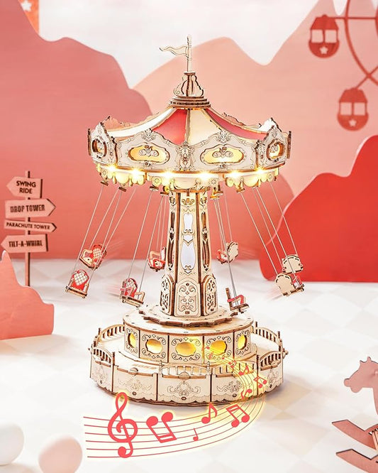 ROKR 3D Puzzles Wooden Music Box Kit with LED, Rotating Swing Ride Mechanical Model Kit DIY Wood Craft Hobbies Kit for Adults Birthday for Adults