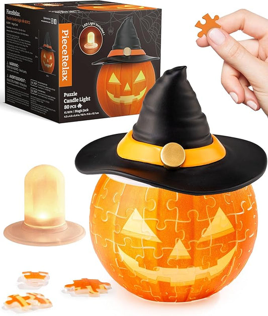 PieceRelax Halloween 3D Puzzle Candle Light 80 Pieces - LED Jack O’ Lantern - Rechargeable Plastic Pumpkins for Indoor & Outdoor Spooky Decorations, Magic Jack [KL1074]