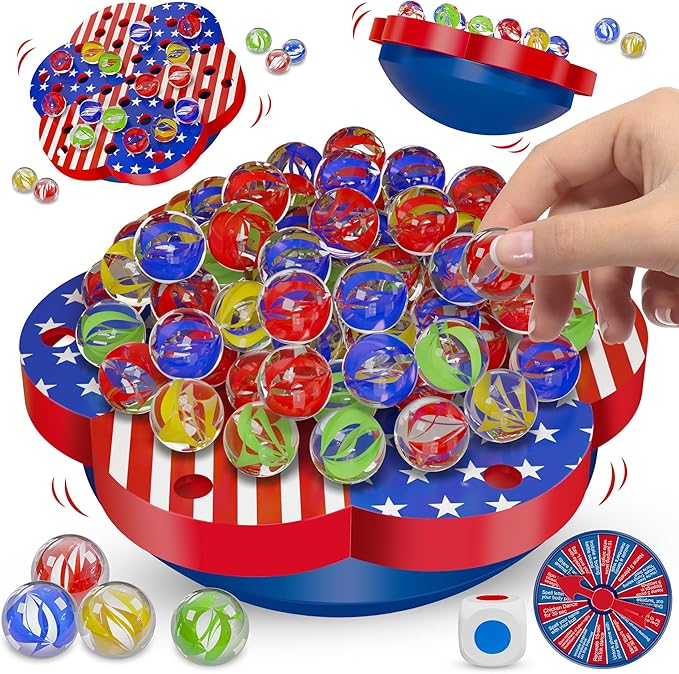 Wobble Balance Marble Game for Kids – 80 Colorful Marbles, Dice, Chessboard, Turntable,Challenge Cards, Fun Family Board Game for Parties, Gifts for Kids Ages 6-12+