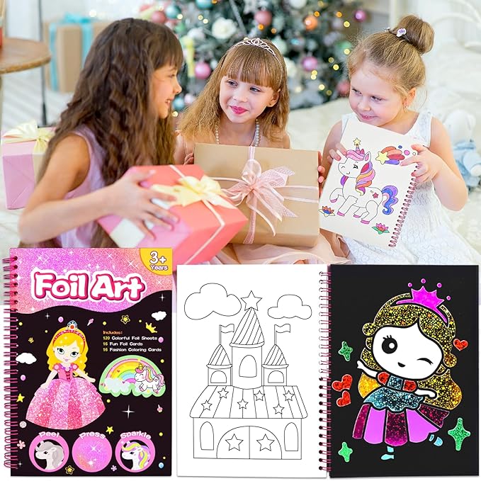 LICSOR Foil Art Crafts Activity for Kids, Craft Gift for Girls Kids Ages 4-6-8-12, Fun DIY Creative Travel Toys Art Supplies, Unicorn Princess Birthday Gift for Girls 5 6 7 8 9 10 Years Old