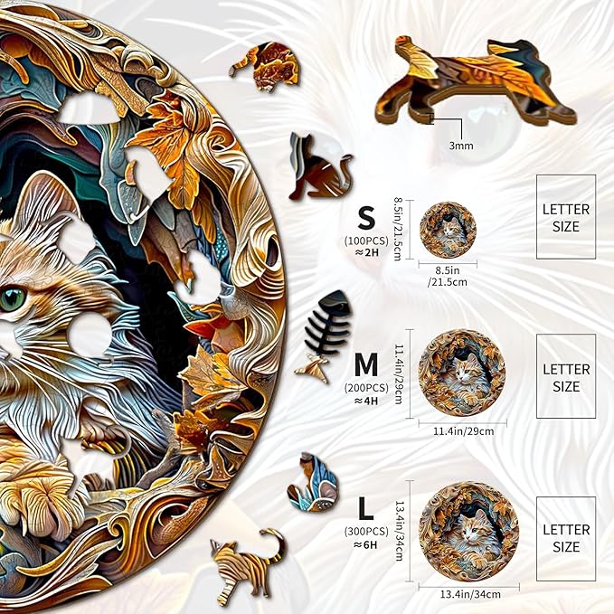 Wooden Puzzle for Adults-3D Vision Effect Cat Wooden Puzzle Unique Shape Advanced Wooden Jigsaw Puzzle for Adult, Wood Puzzles,Challenge Wooden Jigsaw Puzzle (8.5 * 8.5in-100pcs)