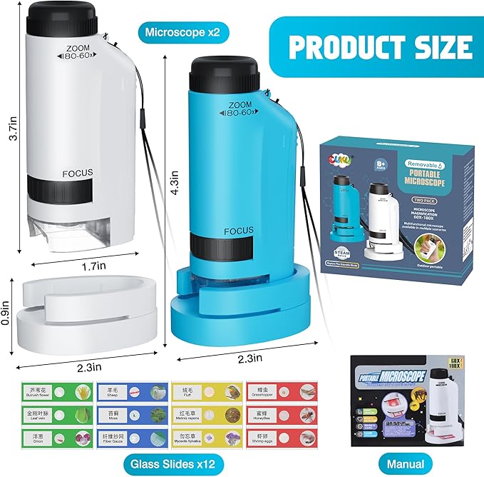 Portable Microscope for Kids Zoom 60x-180x,Handheld Mini Microscope STEM & Science Toys,LED Pocket Little Scientist Microscopes with 12pcs Slides,Gifts for 6,7,8,9,10+ Girls Boys（Blue&White）