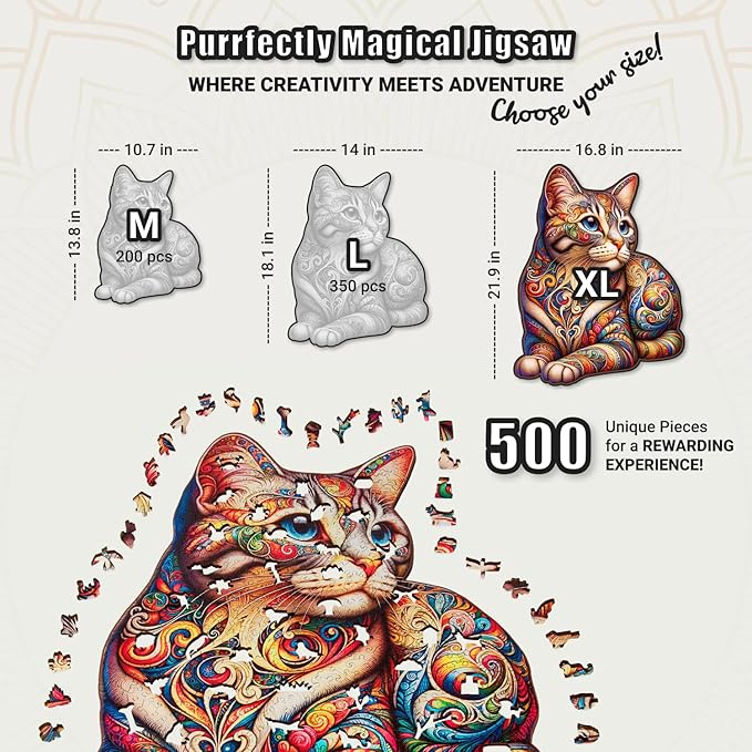 LEOGOR Wooden Puzzles for Adults 500 Piece (16.8 x 21.9 in), Mosaic Cat Jigsaw Puzzle, Extra-Thick 5mm Wood Puzzle Adult, Unique Animal Shaped Pieces, Challenging Large Brain Teaser Puzzle for Adults