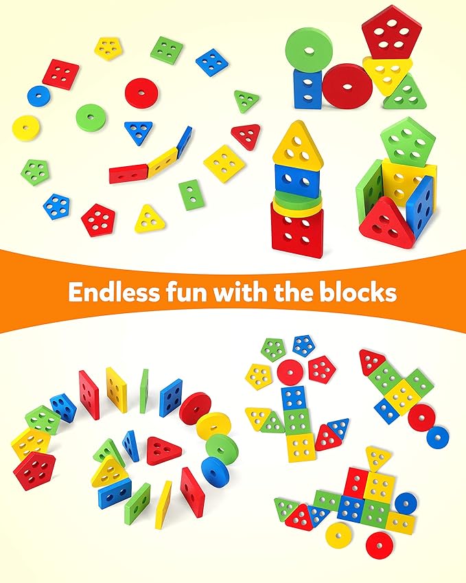 Coogam Wooden Sorting Stacking Montessori Toys, Shape Color Recognition Blocks Matching Puzzle Stacker Geometric Board Early Educational Puzzles for Years Old Boys and Girls