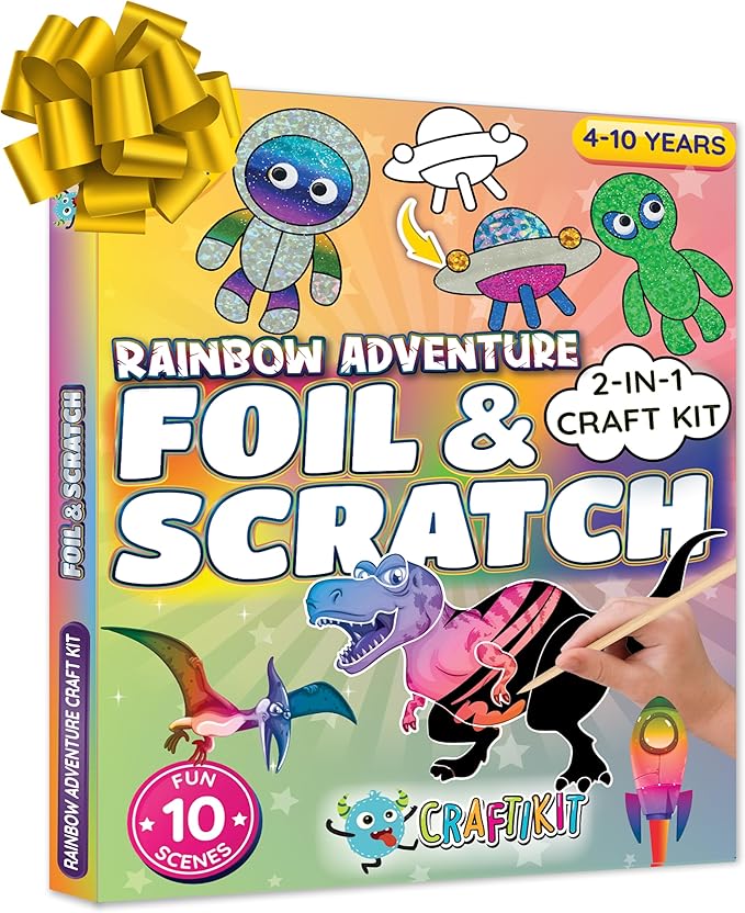 Craftikit ® Rainbow Adventure Foil Art & Scratch Art for Kids- 2-in-1 Arts and Crafts Kit for Kids Ages 4-10 - Rainbow Crafts for Boys Ages 4, 5, 6, 7, 8, 9, 10