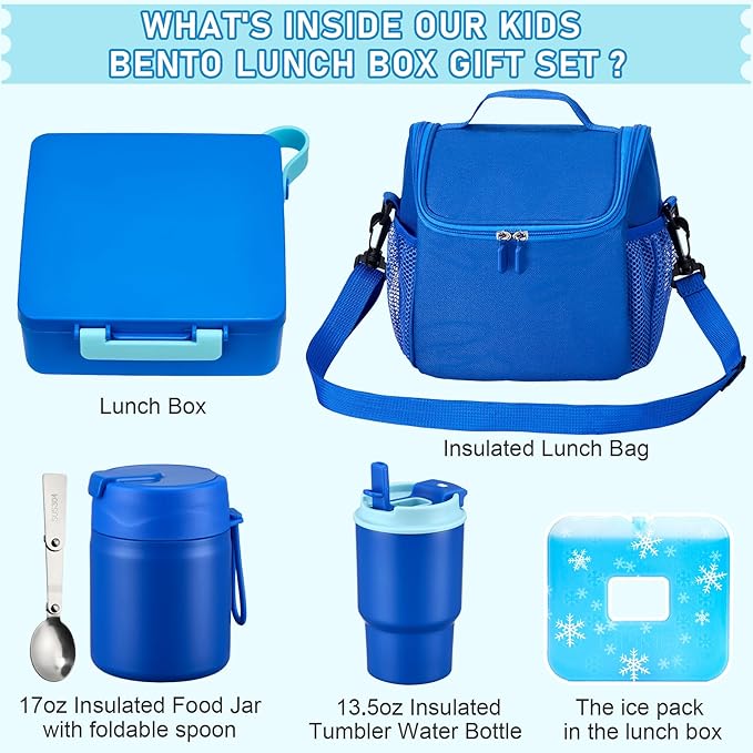 Bento Lunch Box for Kids with 17oz Soup Thermo,Insulated Tumbler Water Bottle and Insulated Lunch Bag,Leak-Proof 3 Compartment Lunch Food Container with with Ice Pack for Kids to School-Blue