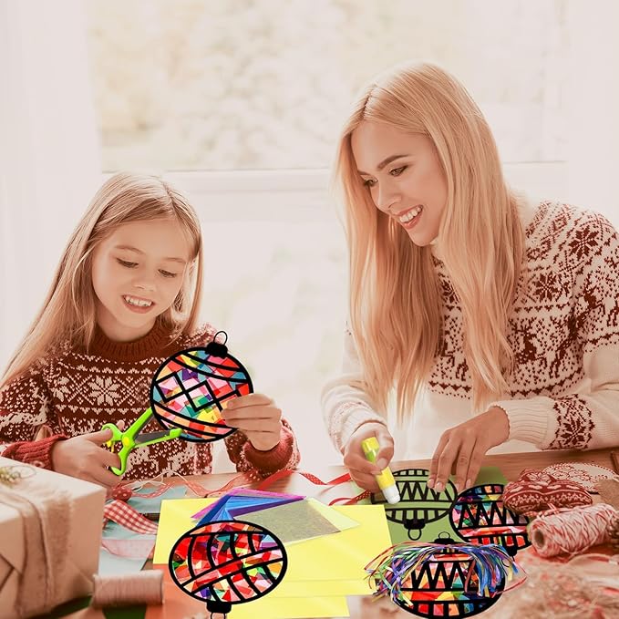 EggSun 36 Sets Christmas Ball Suncatchers Craft Kit for Kids Ornaments Stained Glass Effect Window Arts and Crafts Kit for Classroom Holiday Birthday Projects Home Party Favors Decorations Ages 4 8 12