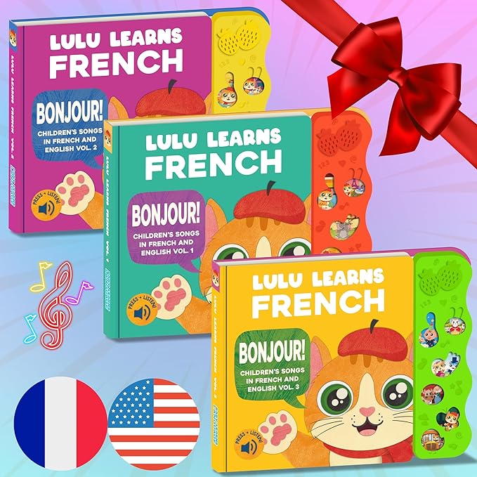 French Books for Kids Vol. 3: Musical French Baby Book Learning Toys w/English, Bilingual Language Interactive Toy for Toddlers, Babies, Boys, Girls & Children