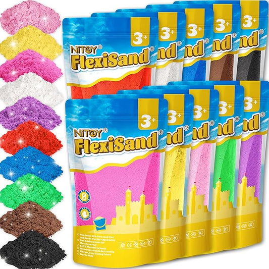 NiToy FlexiSand 19 Lbs. Moldable Self-Sticking Sand Value Pack, Never Dries Out Fun for Kids Ages 3 and Up, Bulk Refill for Sensory Sand Box Toys, Ideal for Shaping, Squeezing and Molding (10 Colors)