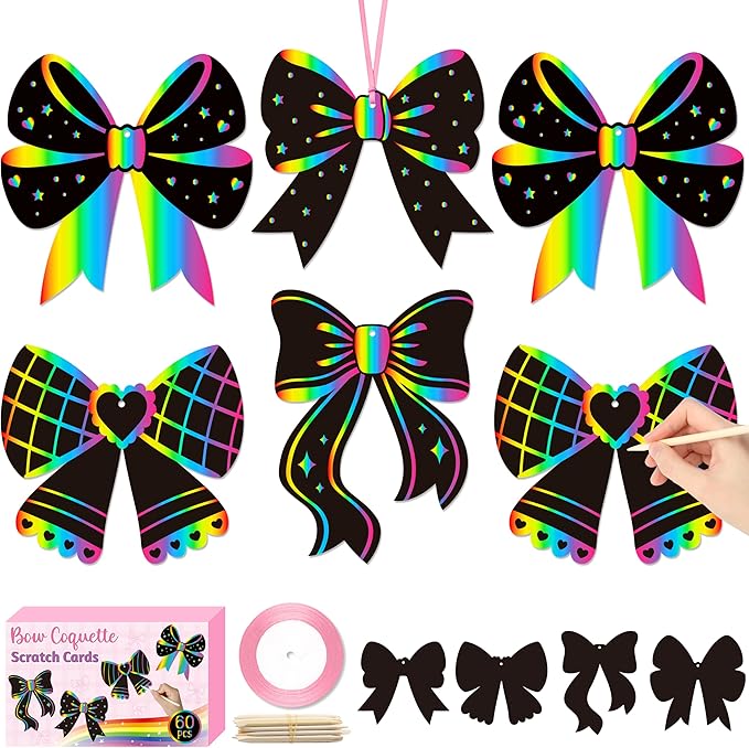 CY2SIDE Coquette Bow Scratch Cards - 60PCS DIY Bow Scratch Paper Craft for Kid, Funny Girl Coquette Knot Color Scrape Art Card, Magic Arty Rainbow Color Craft Ornament for School Classroom Art Project