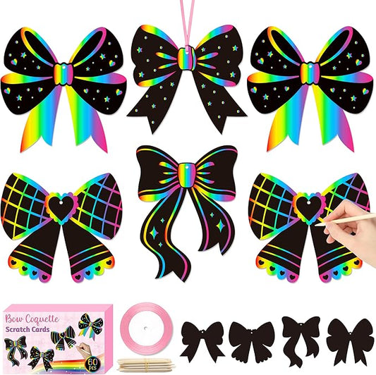 CY2SIDE Coquette Bow Scratch Cards - 60PCS DIY Bow Scratch Paper Craft for Kid, Funny Girl Coquette Knot Color Scrape Art Card, Magic Arty Rainbow Color Craft Ornament for School Classroom Art Project
