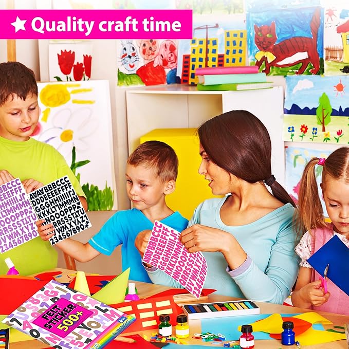 KRAFUN Black and Pink Felt Sticker Kit for Beginner Young Girls and Kids Arts & Crafts, Pack of 500+ Assorted Scrapbook Stickers Alphabets, Numbers, Fun Shapes, Preschool, Children Early Learning