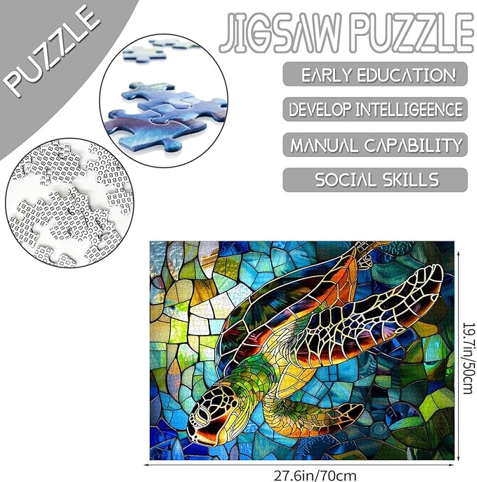 Jigsaw Puzzles 1000 Pieces for Adults-Sea Turtle Glass Style Hardboard Puzzle-Challenging Puzzle Perfect for Game Nights-DIY Home Wall Decor-Art Puzzles Colorful Stained Glass Sea Turtle 27" x 20"