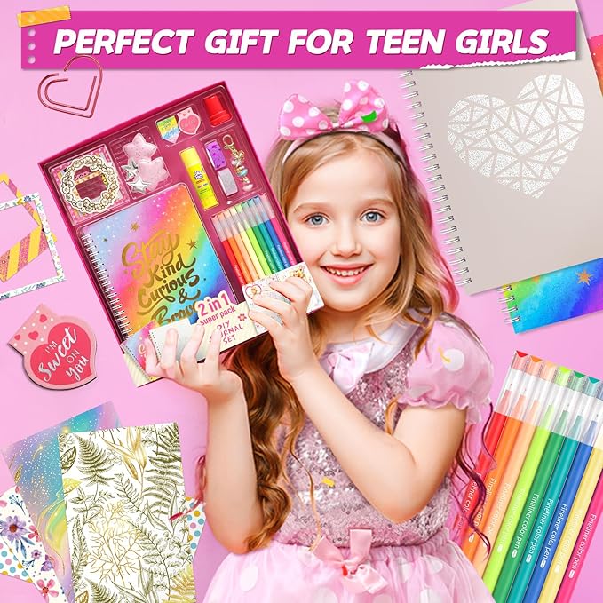 2-Pack DIY Journal Kit for Girls, Journal Set with Stickers, Birthday Gifts for Teen Girls, Decorate Your Planner/Organizer, Journaling Arts Craft Kit, Ideal Gifts for 8-12 13 14 Year Old Girl