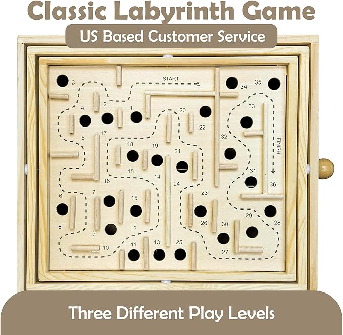 Sterling Games Wooden Labyrinth with 3 Swappable Boards – Classic Maze Game with 60, 36, and 25 Waypoints – Wooden Tilt Puzzle with Knob Control and 3 Steel Marbles for Kids Age 6+