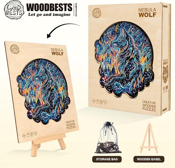 KAAYEE Wooden Puzzles for Adults, 3D Visual Effect Wolf Nebula Wooden Jigsaw Puzzle Unique Shape Wood Puzzle Adult, 3D Effect Flat Puzzle Birthday Family Game (M-11.4 * 10.4in-180pcs)
