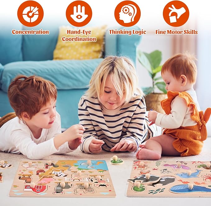 Wooden Peg Puzzles for Toddlers 1-3, 2 Pcs Upgraded Montessori Educational Learning Puzzle Toy Sets - Animal & Sea Themes Puzzles, Great Preschool Gifts for Girls and Boys (8.86 * 11.61in)
