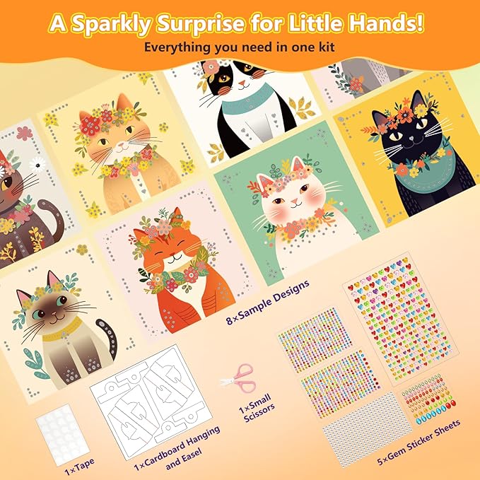 Marlrin Cats Crafts for Kids Ages 4-8,Gem Stickers Crafts for Kids,Diamond Art Kits,Arts and Crafts Kits,Craft Kit for Girls 6-8,Birthday and Christmas Gift for Girls & Boys Ages 3, 4, 5, 6, 7, 8
