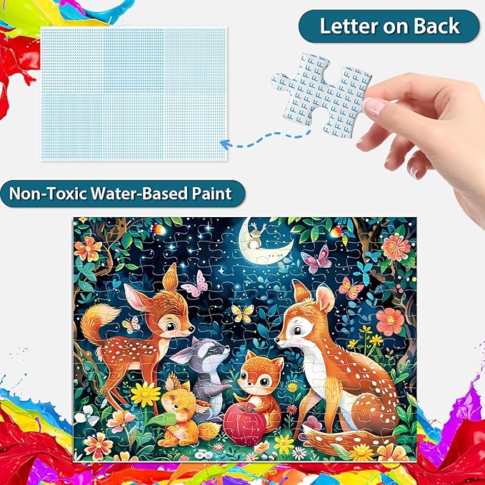 Puzzles for Kids Ages 4-8 - Cute Deer Party in Forest Night - 100 Piece Jigsaw Puzzles for Kids Ages 4-6 6-8 8-10 Year Old Children Puzzles for Boys and Girls Educational Learning Toys and Gifts