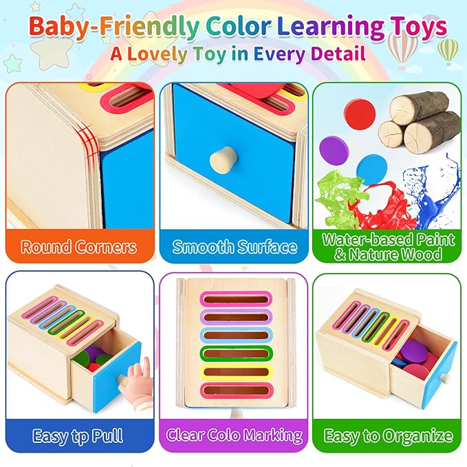 FCSONU Toddlers Montessori Coin Box Toys for 1 2 3 Year Old Boys Girls, Drawer Box Toy for Ages 2-4 Kids, Learning Color Sorting Sensory Toys, New Year Birthday for Baby 12-18 Months