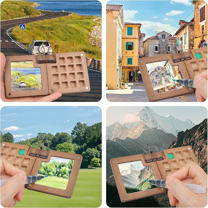 Mini Paint Palette Travel Kit,Mini Travel Watercolor Palette Set,Pocket Artist Water Color Sets with Watercolor Pens,Binder Clips, Include 24 Colors Paint for Beginners Artists Students(Walnut-15 Grids)