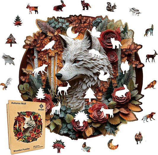 Wooden Jigsaw Puzzle, 200-500 Pieces Unique Shape Animal Puzzle, for Adults & Kids, Birthday Gift Family Game, Decorative Puzzle, Unique Gift (Autumn Wolf, 200 PCS)
