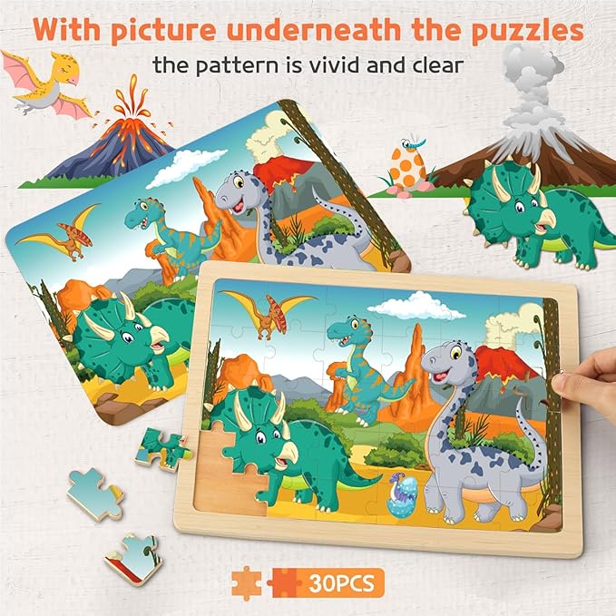 Wooden Puzzles Dinosaur Toys for Kids Ages 3-5, Set of 5 Packs with 30-Piece,Preschool Educational Brain Teaser Toys for Boys and Girls 3-8 Years Old
