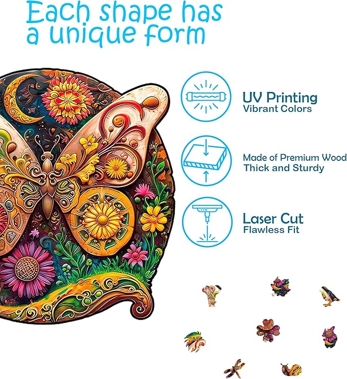 CRAFTHUB Animal Wooden Puzzles for Adults – A3 Baroque Butterfly with 177 Pieces Wood Puzzles – Jigsaw Puzzles with Unique Animal Shapes – 10.8" x 10.9"