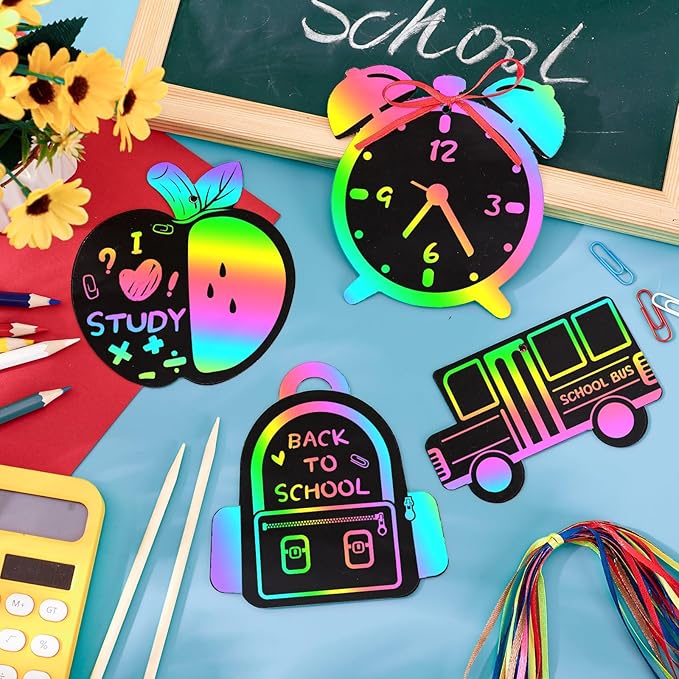 JULMELON 36 PCS Welcome Back to School Scratch Art for Kids, Rainbow Magic Paper Cards, First Day Gifts for Students, Classroom DIY Crafts Party Favors