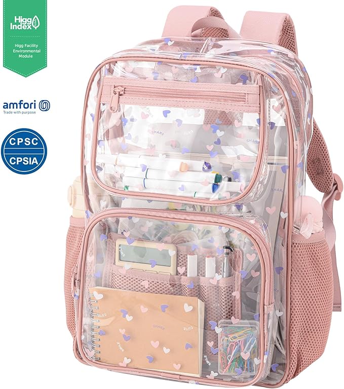Bulk 17 inch clear backpack for girls age 6-8 kids bookbag cute large high school stadium approved transparent see throu -pink