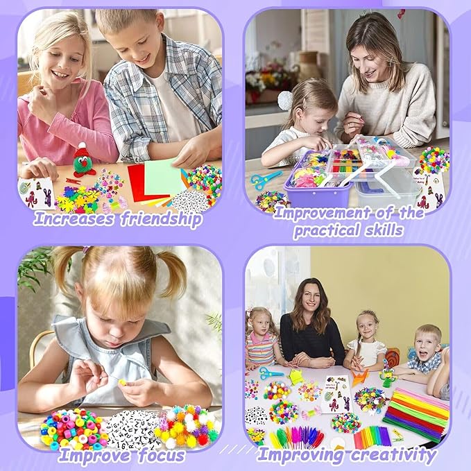 3000 Arts and Crafts Supplies for Kids Craft Kit All in 3 Layered Craft Box with Pipe Cleaners Crafts for Kids Age 4-6, 6-8, 8-12 DIY School Supplies Materials Set Toys Gifts for Girls Boys, Purple